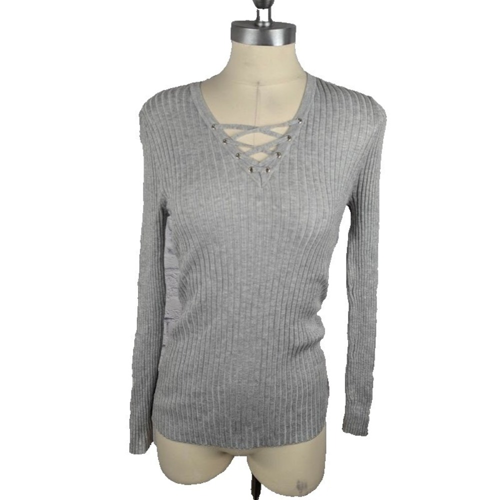 Hooked up by Iot Juniors' Lace-up Rib-Knit Sweater Size XL Gray Long Sleeve